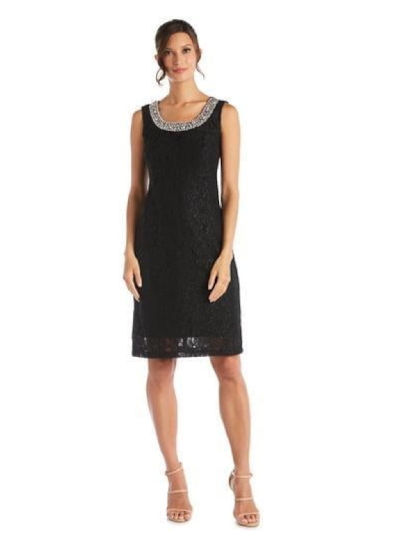 R&M RICHARDS Womens Black Embellished Lace Lined Pull-on Sleeveless Round Neck Above The Knee Evening Sheath Dress 12