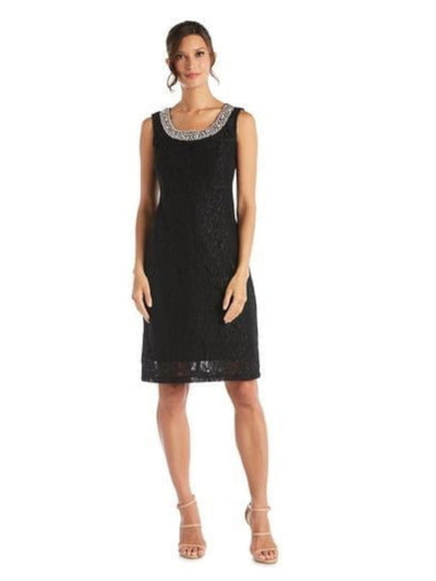 R&M RICHARDS Womens Black Embellished Lace Lined Pull-on Sleeveless Round Neck Above The Knee Evening Sheath Dress 12