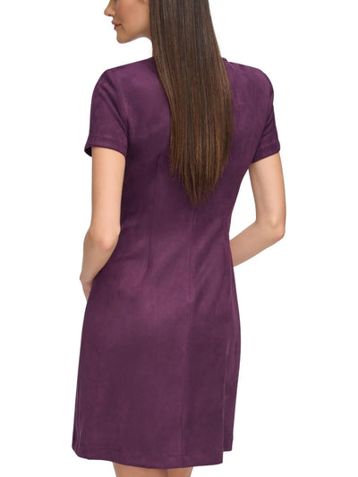 CALVIN KLEIN Womens Purple Zippered Asymmetrical Zip Notched Hem Short Sleeve Square Neck Short Wear To Work Sheath Dress 16