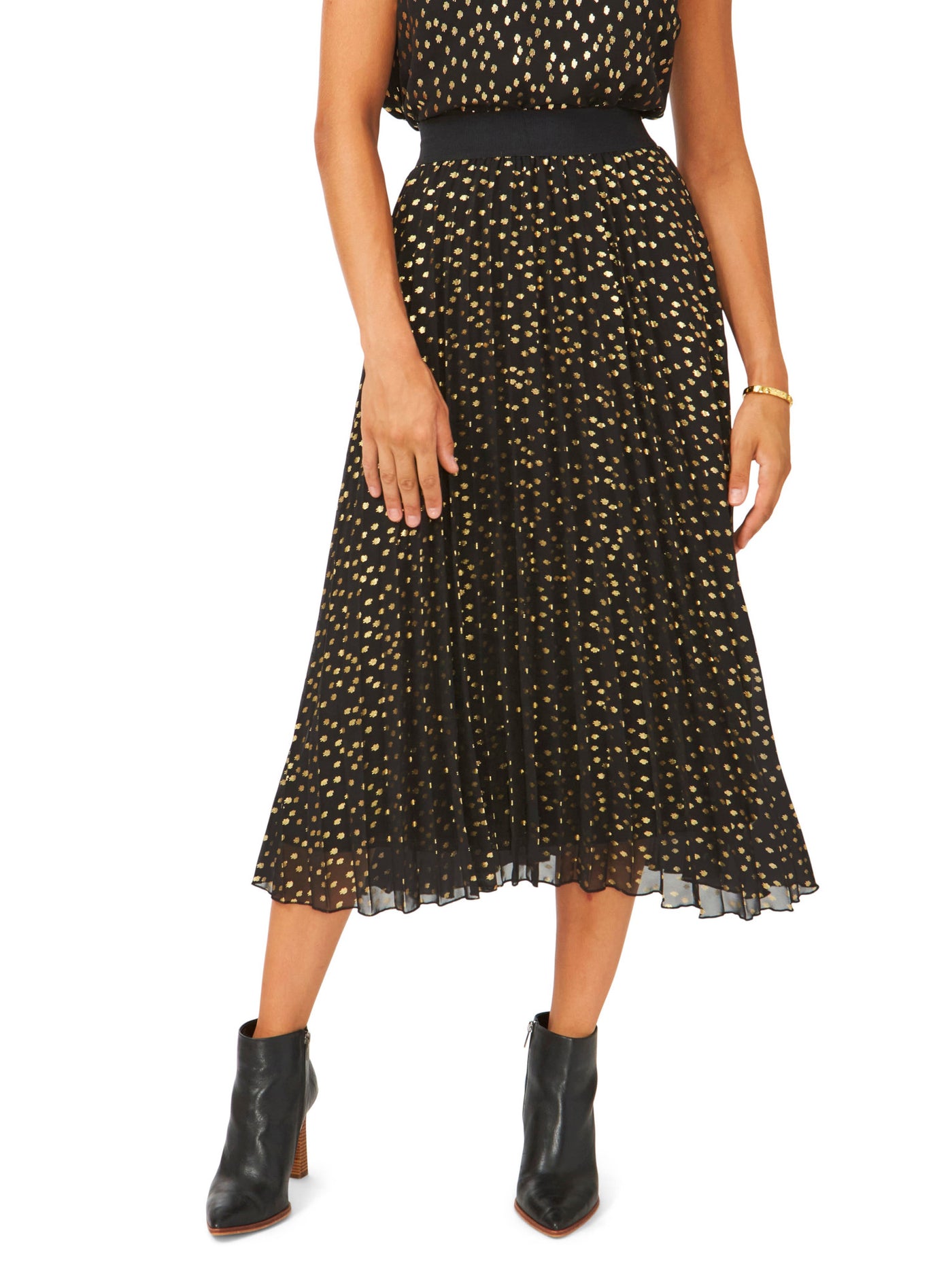 VINCE CAMUTO Womens Black Lined Elastic Waist Pull-on Printed Midi Pleated Skirt L