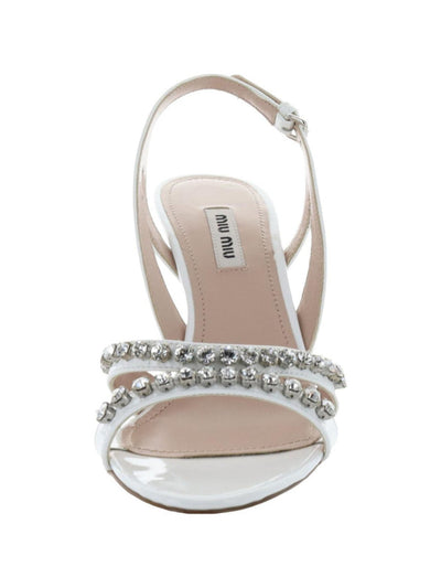 MIU MIU Womens Bianco White Jewel Embellished Calzature Donna Open Toe Stiletto Buckle Leather Dress Slingback Sandal 38