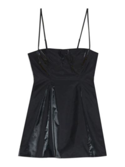 DANIELLE BERNSTEIN Womens Black Zippered Shiny Floral Spaghetti Strap Square Neck Micro Mini Fit + Flare Dress 0