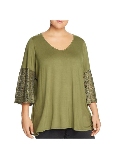 STATUS BY CHENAULT Womens Green Stretch Lace Pullover Styling Bell Sleeve V Neck Top Plus 2X
