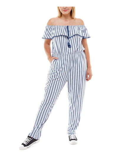 PLANET GOLD PLUS Womens Blue Pocketed Fringed Smocked Waist Striped Short Sleeve Off Shoulder Straight leg Jumpsuit Plus 3X
