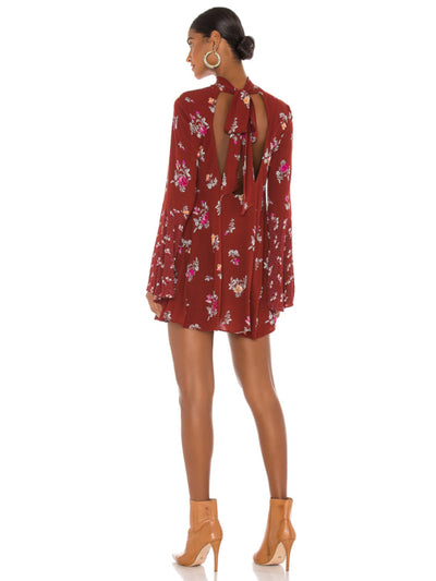 FREE PEOPLE Womens Brown Low Back Floral Long Sleeve Tie Neck Mini Shift Dress M