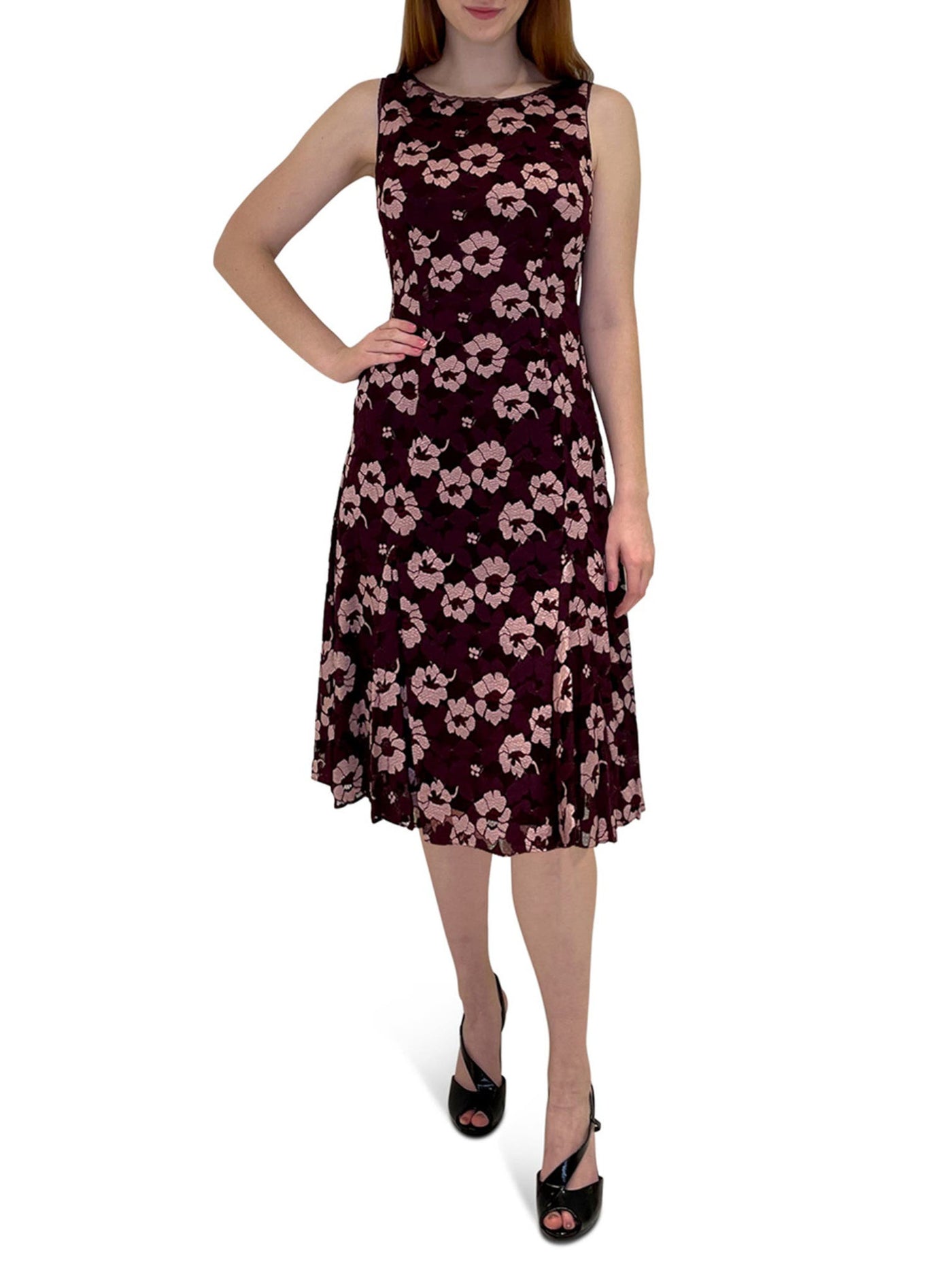 ADRIANNA PAPELL Womens Burgundy Lace Zippered Fitted Godets Lined Sheer Floral Sleeveless Crew Neck Above The Knee Fit + Flare Dress 10