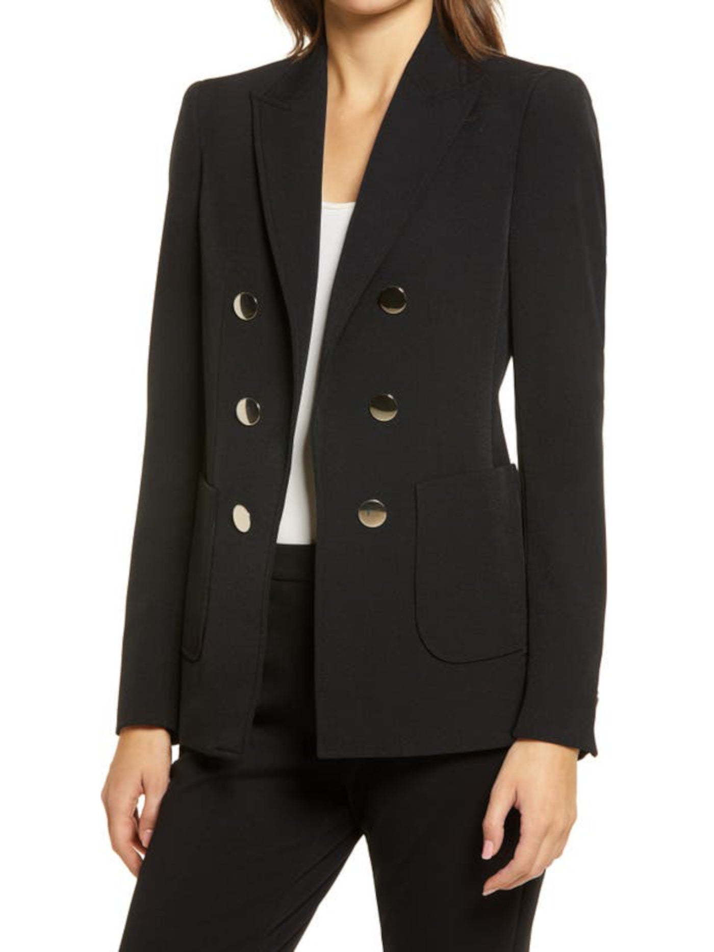 ANNE KLEIN Womens Black Open Front Pocketed Faux Double Breasted Wear To Work Jacket 0