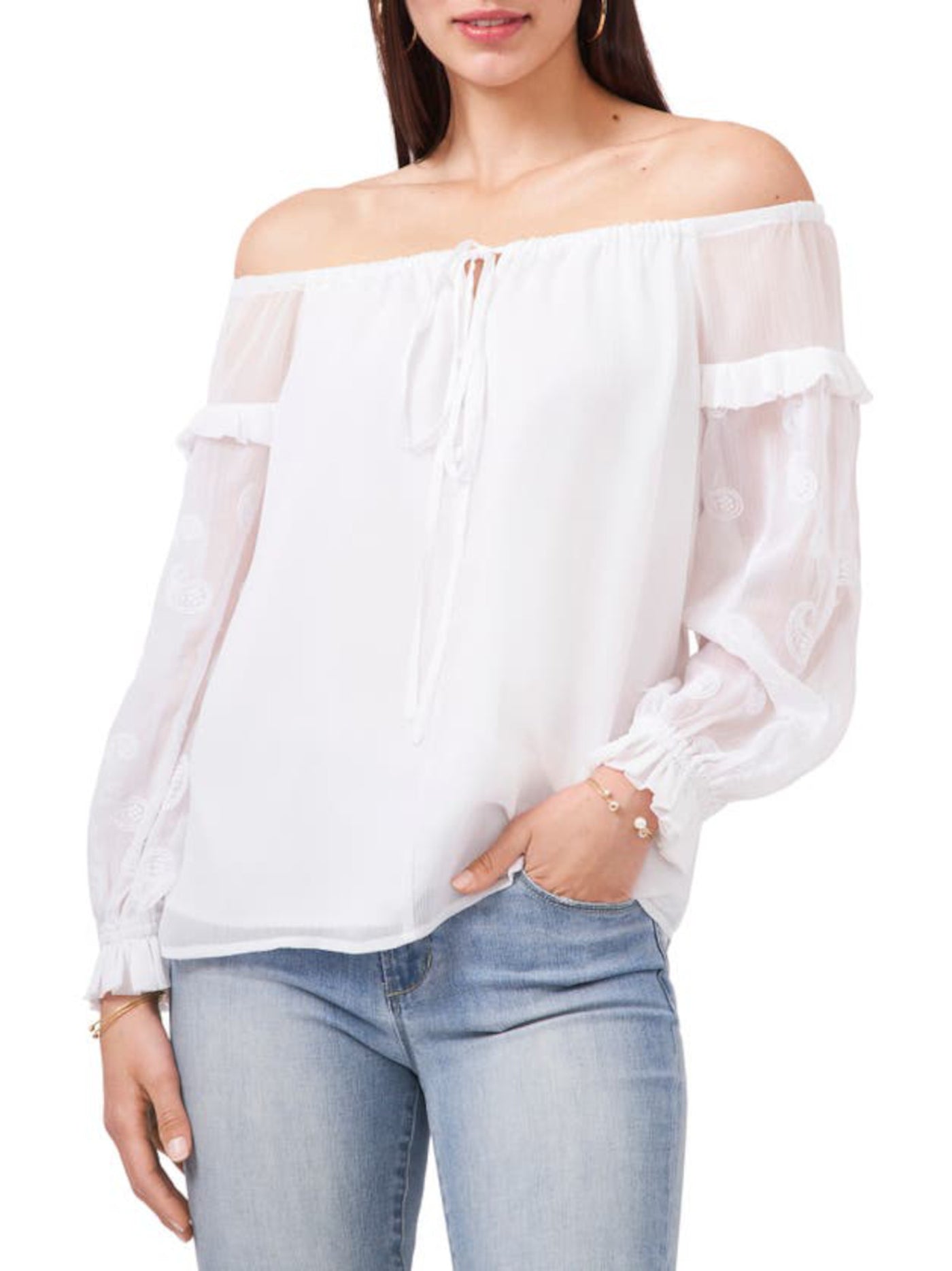 VINCE CAMUTO Womens White Embroidered Sheer Faux Buttons Tie Lined Ruffled Blouson Sleeve Off Shoulder Peasant Top L