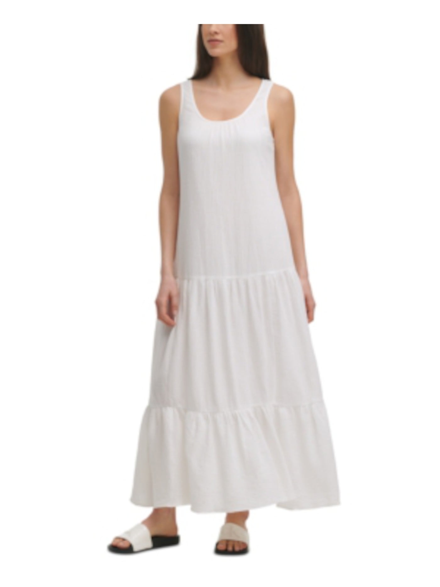 CALVIN KLEIN Womens White Textured Lined Gauze Tiered Keyhole Back Sleeveless Scoop Neck Maxi Shift Dress S
