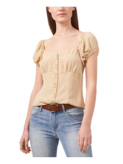 RILEY&RAE Womens Beige Pleated Cap Sleeve Sweetheart Neckline Blouse S