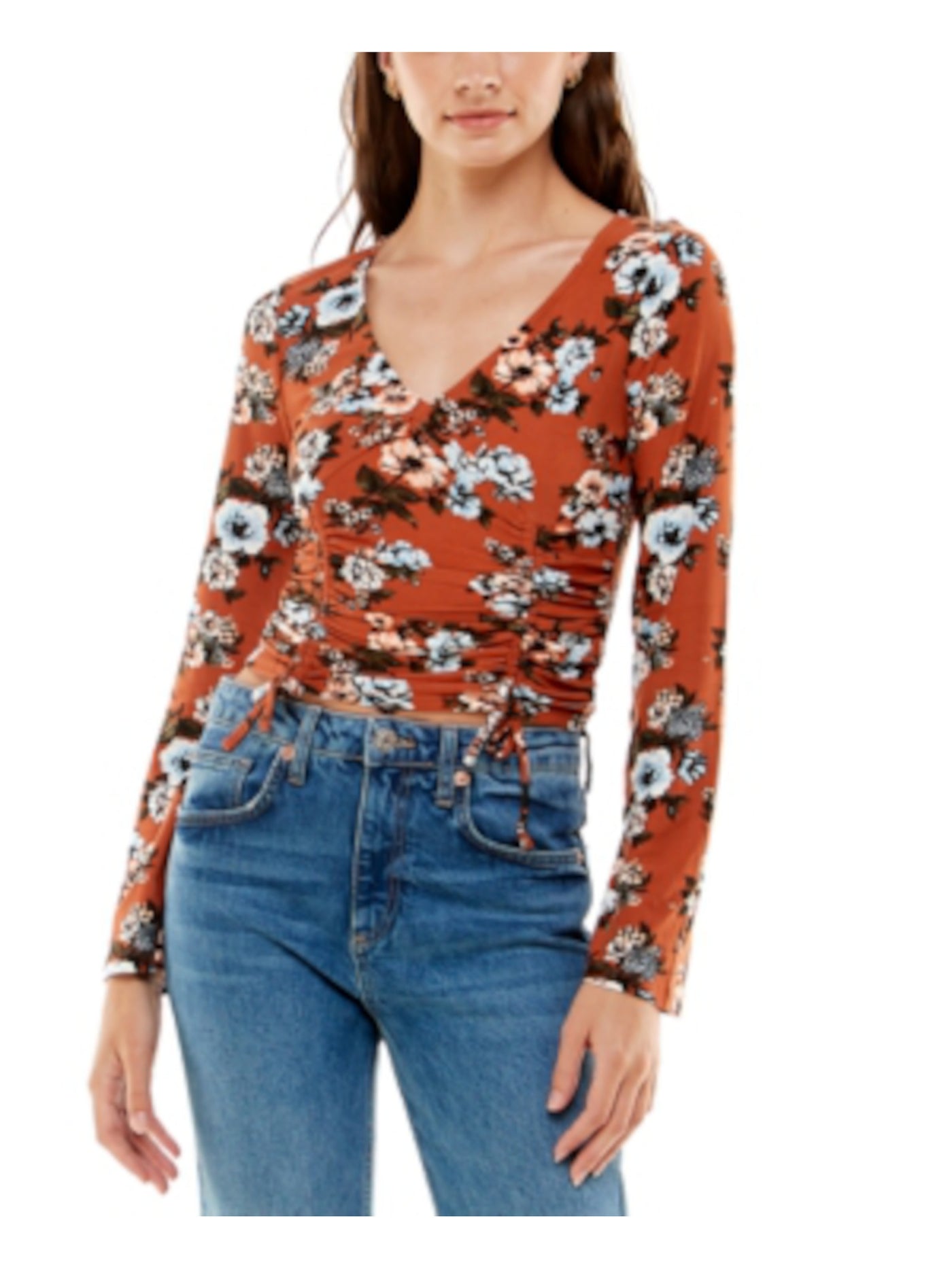 ALMOST FAMOUS Womens Brown Stretch Ruched Tie Floral Bell Sleeve V Neck Top Juniors S