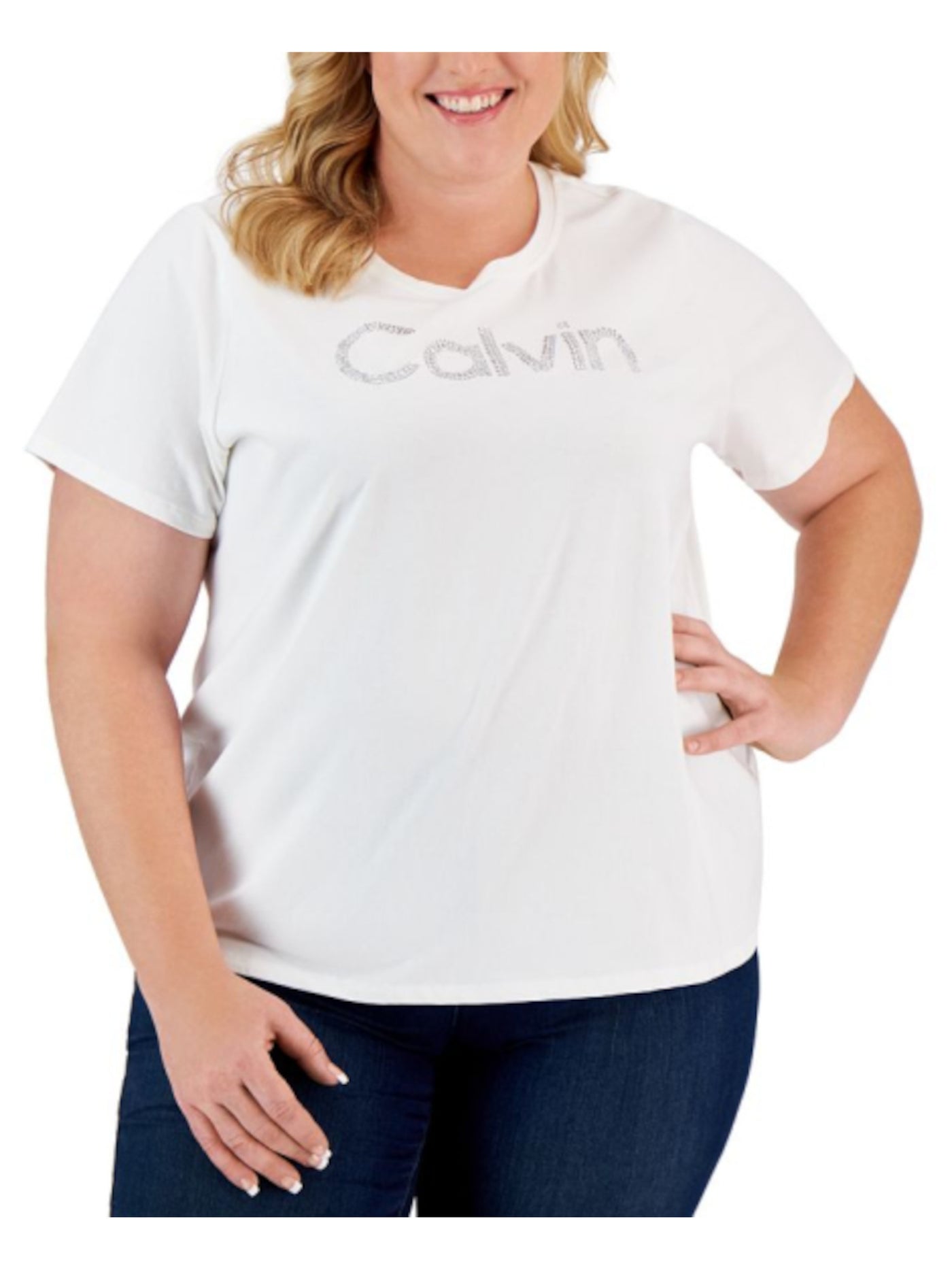 CALVIN KLEIN Womens White Short Sleeve Crew Neck T-Shirt Plus 0X