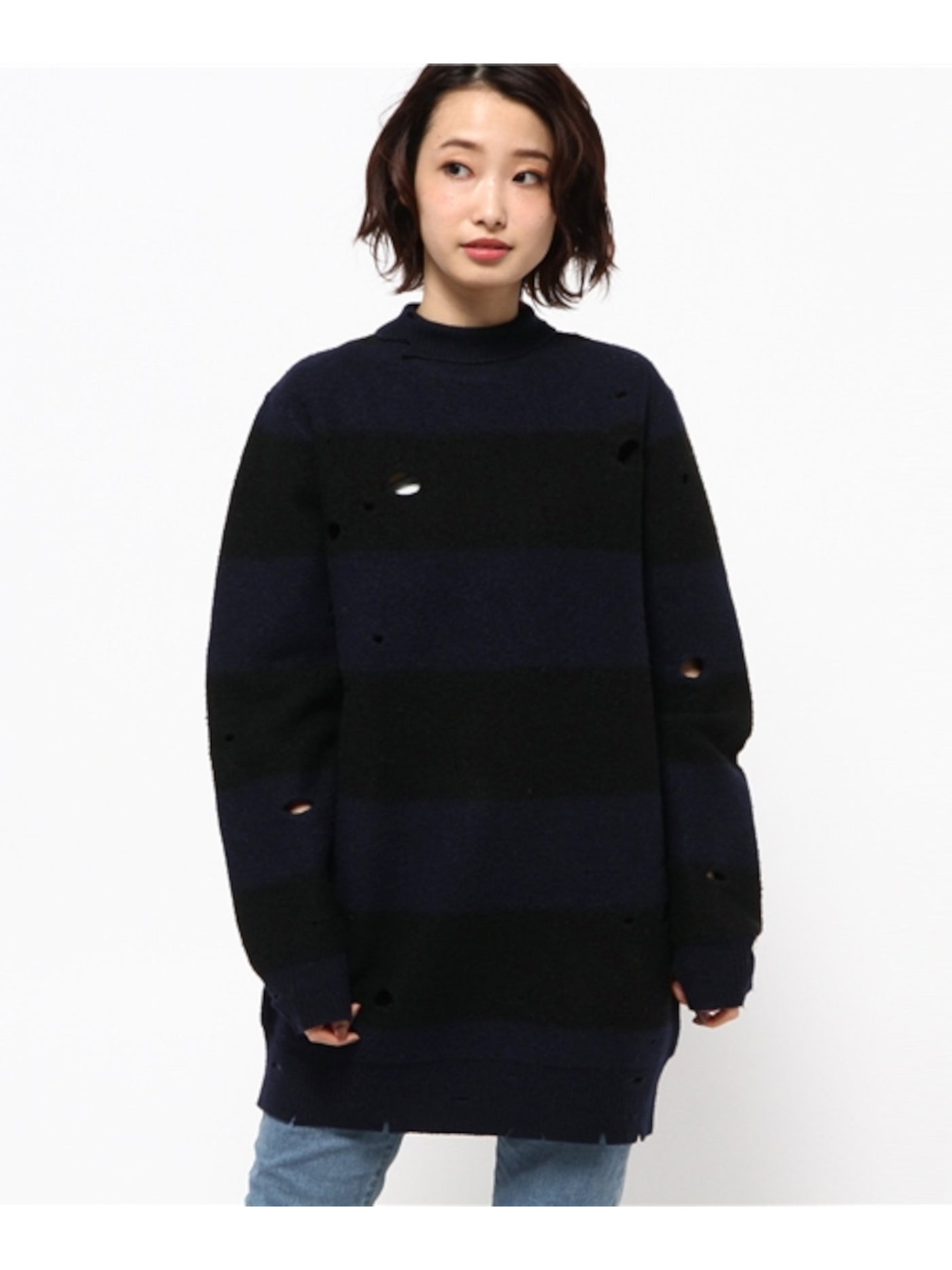 T ALEXANDER WANG Womens Navy Distressed Ribbed Oversized Striped Long Sleeve Mock Neck Sweater XS