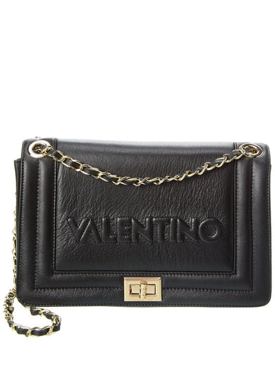 VALENTINO Women's Black Solid Chain Embossed Logo Double Flat Strap Shoulder Bag