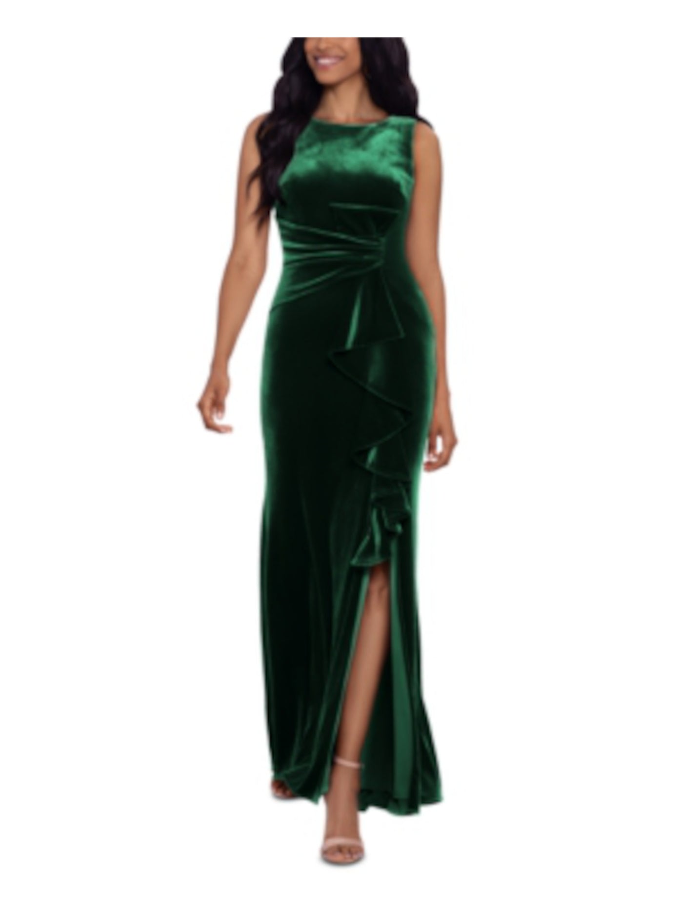 BETSY & ADAM Womens Green Zippered Pleated Slit With Cascading Ruffle Lined Sleeveless Scoop Neck Full-Length Evening Gown Dress 8