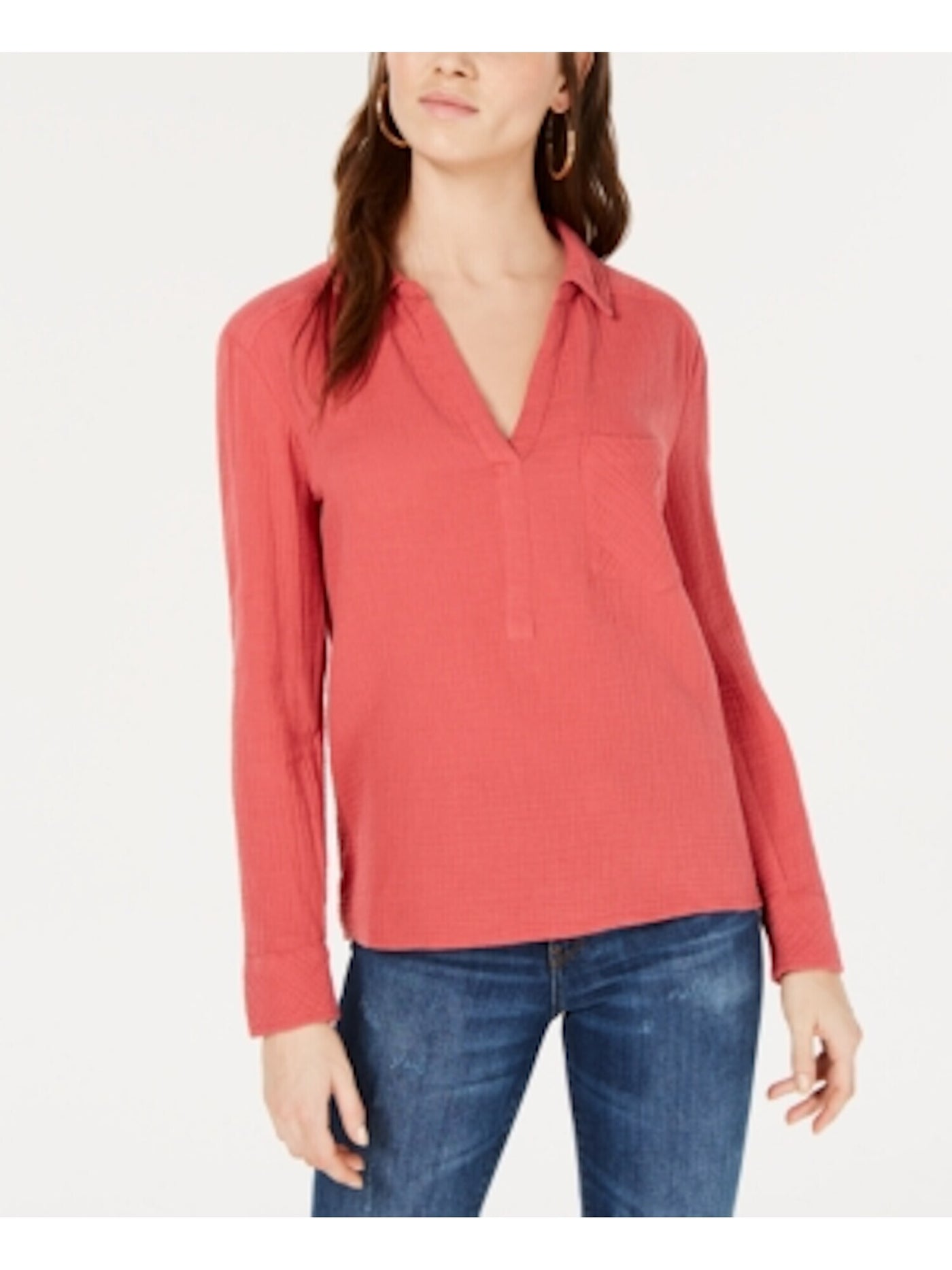 1. STATE Womens Coral Long Sleeve V Neck Blouse S