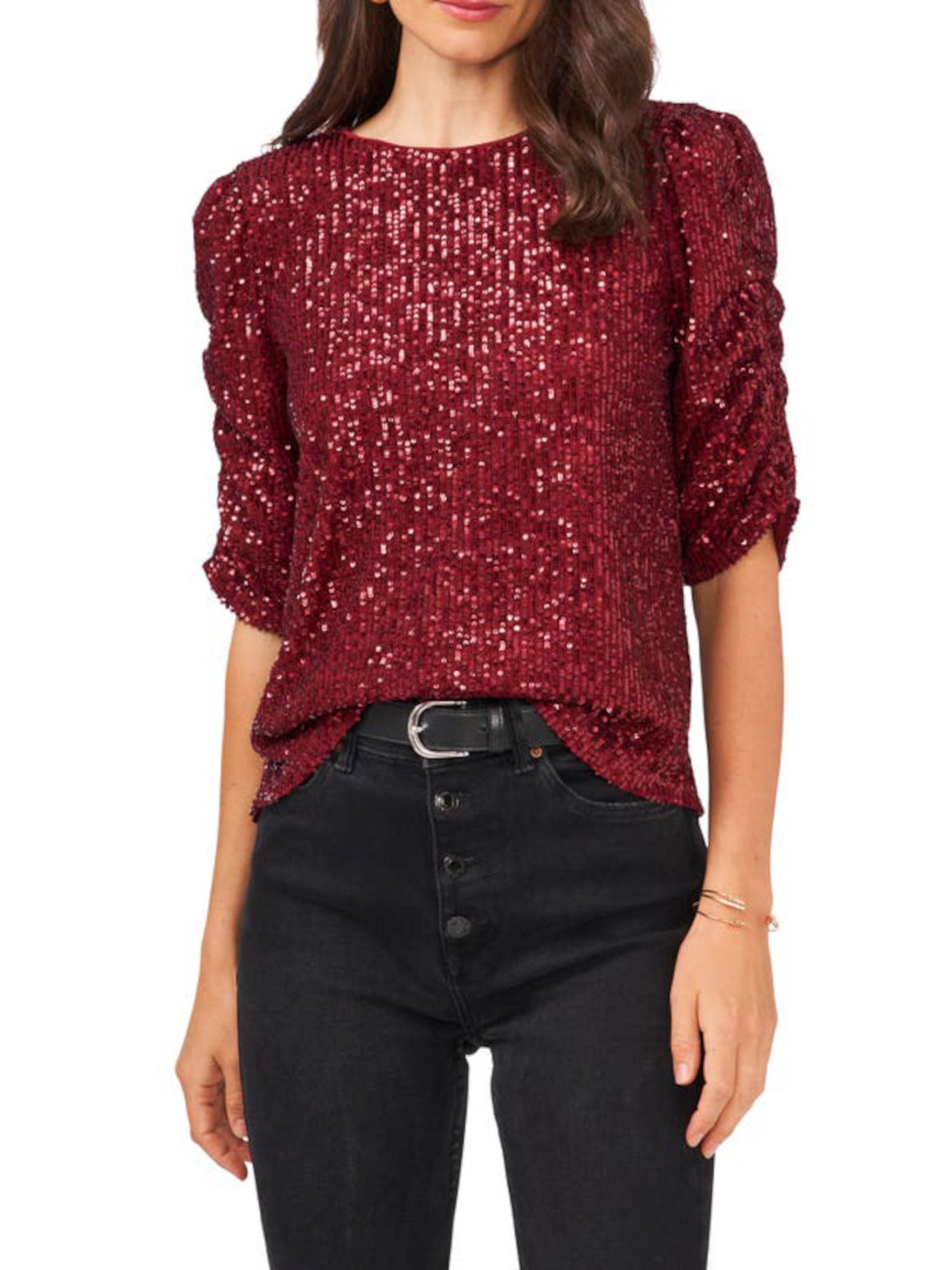 VINCE CAMUTO Womens Maroon Sequined Ruched Elbow Sleeve Keyhole Back Round Neck Party Blouse M