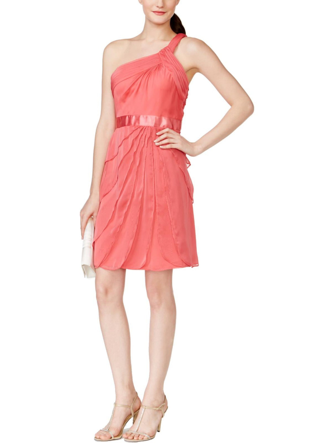 ADRIANNA PAPELL Womens Coral Ruched Ruffled Sleeveless Asymmetrical Neckline Above The Knee Cocktail Layered Dress 6