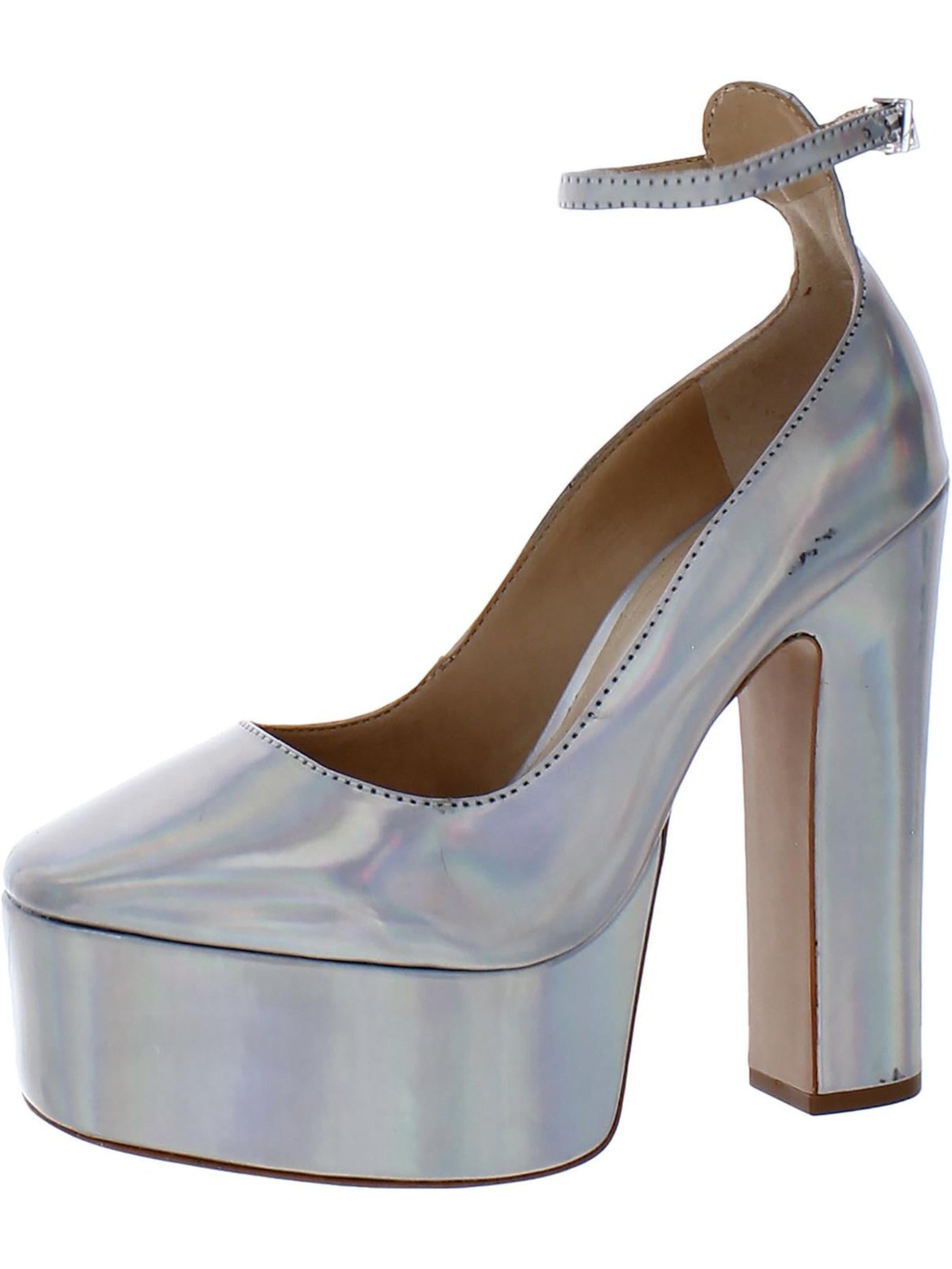 SCHUTZ Womens Silver 1-1/2" Platform Ankle Strap Padded Renee Almond Toe Platform Buckle Pumps Shoes 6.5