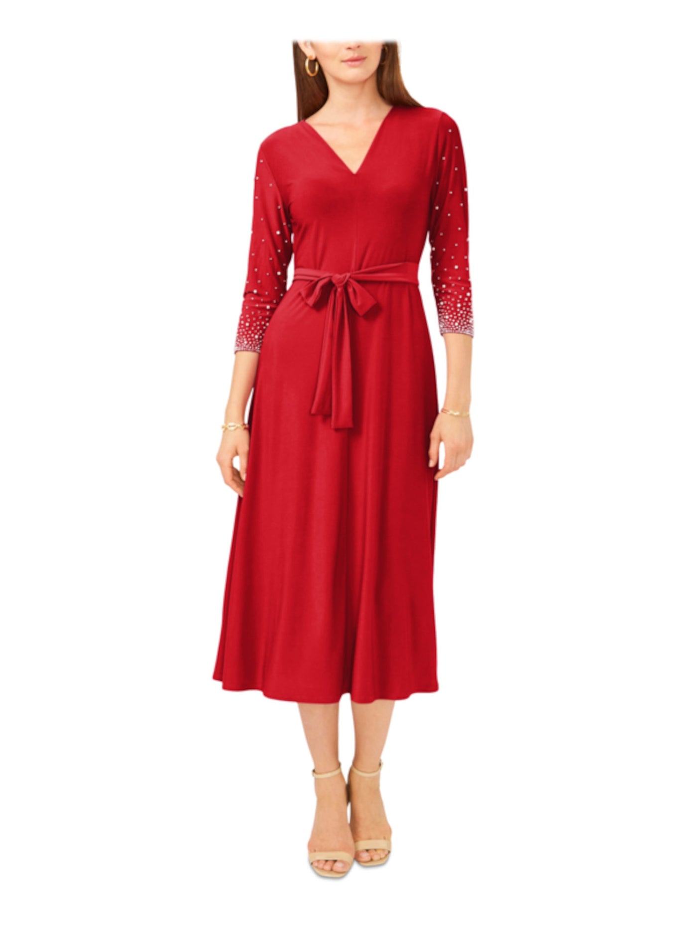 MSK Womens Red Stretch Beaded 3/4 Sleeve V Neck Midi Wear To Work Sheath Dress M