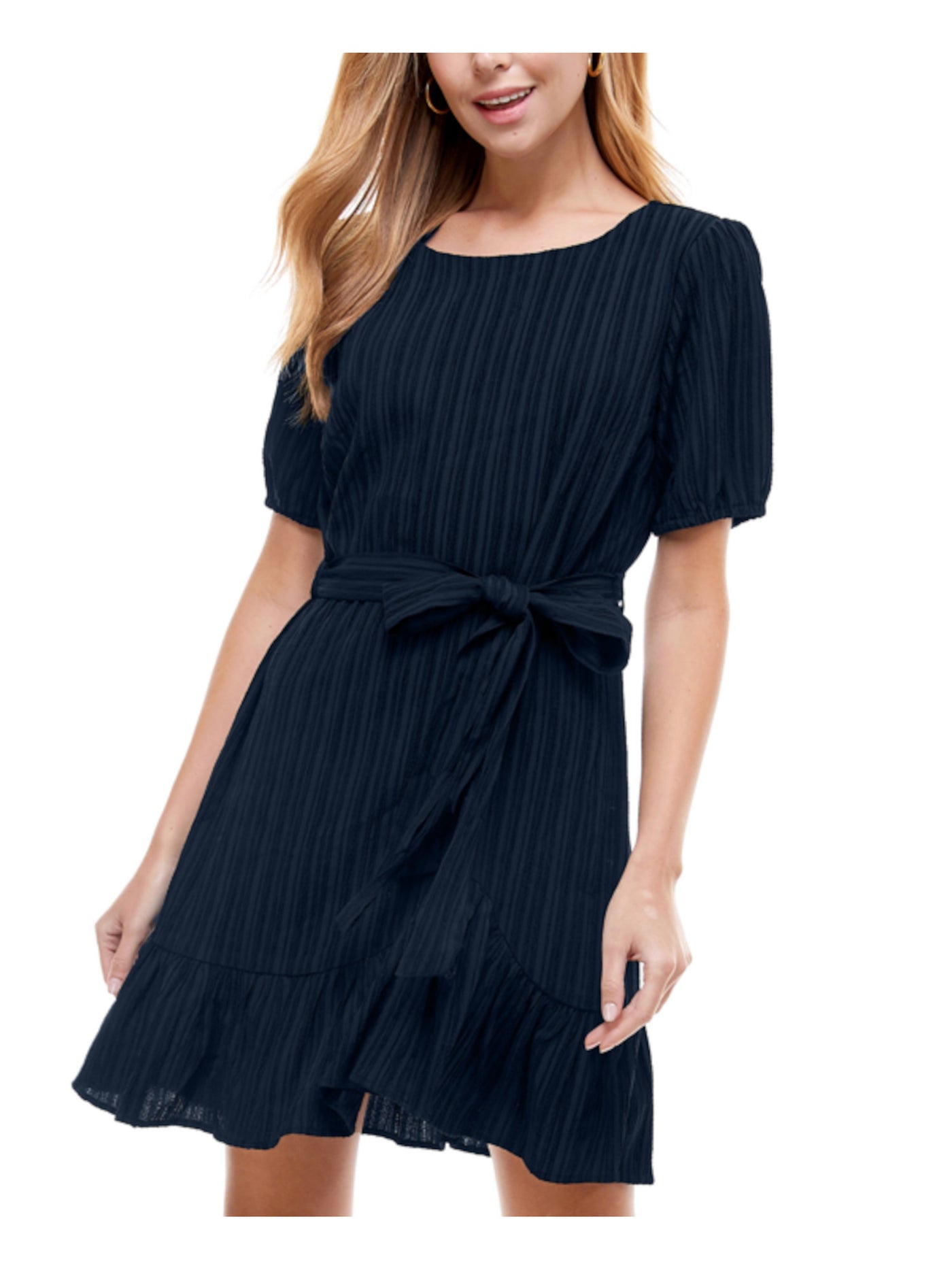 CITY STUDIO Womens Navy Stretch Textured Ruffled Keyhole Back Belted Short Sleeve Jewel Neck Short Party Fit + Flare Dress Juniors XL