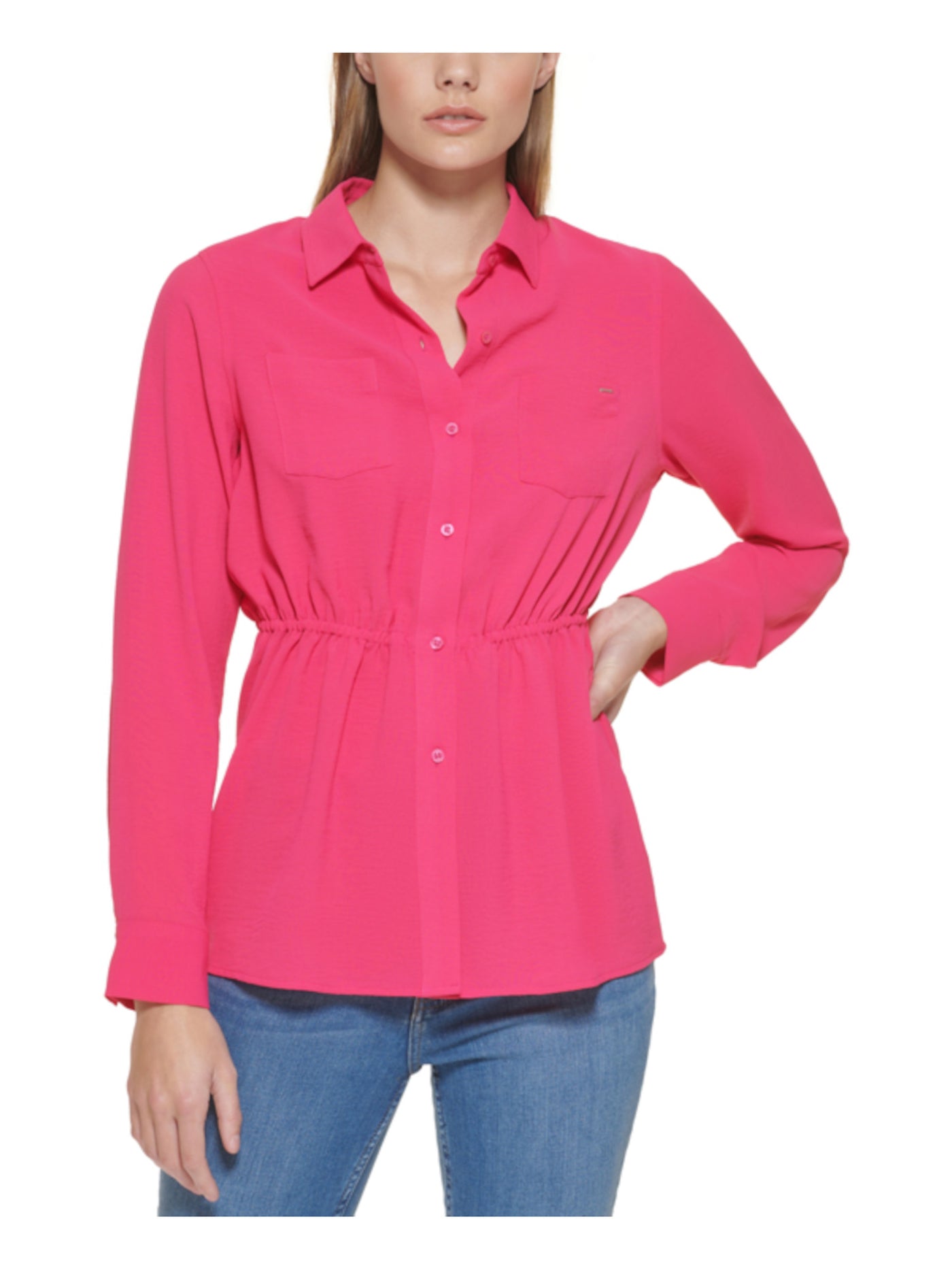 CALVIN KLEIN Womens Pink Cuffed Sleeve Collared Wear To Work Button Up Top XS