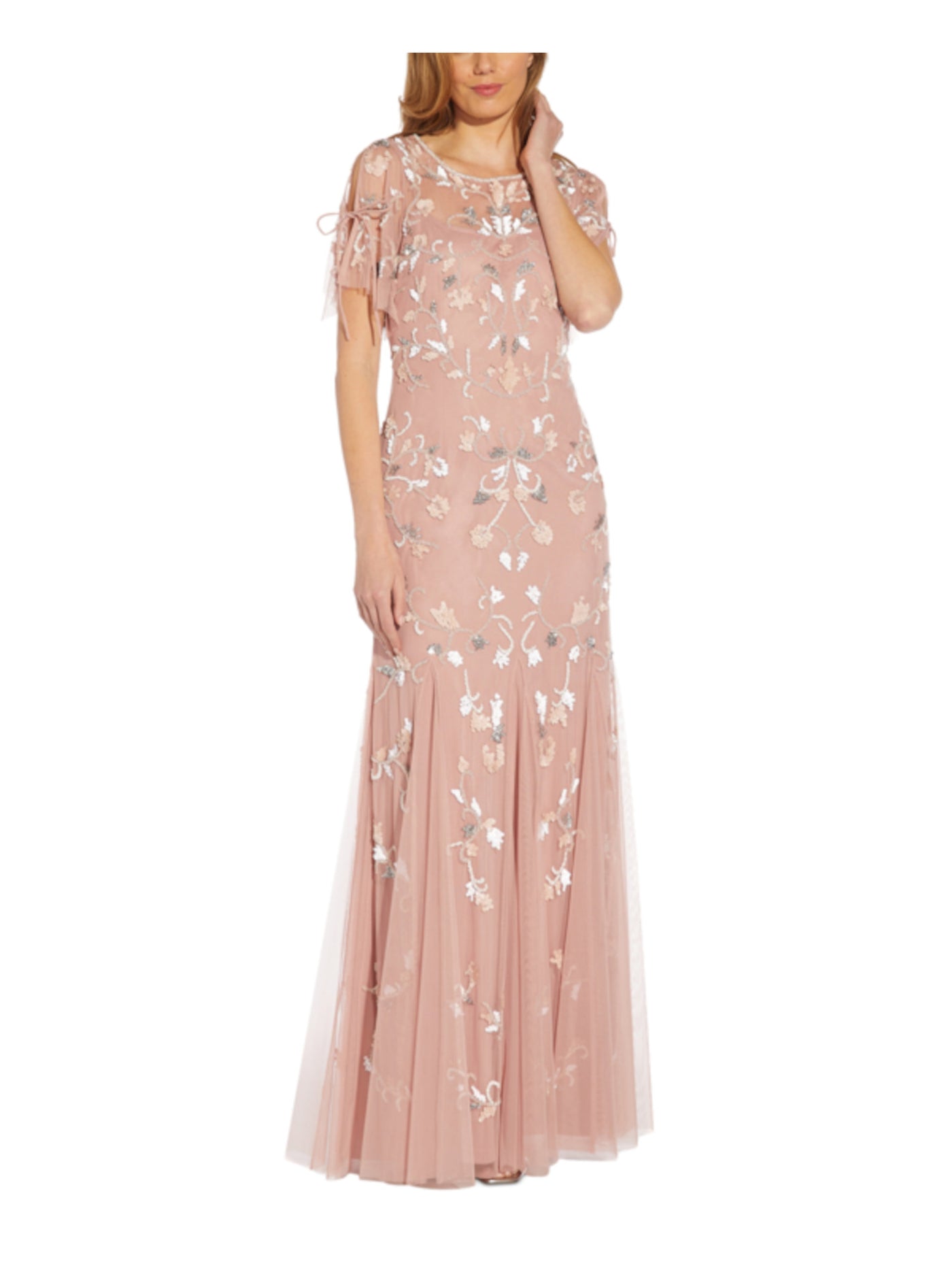 ADRIANNA PAPELL Womens Pink Embellished Zippered Tie Lined Flutter Sleeve Scoop Neck Full-Length Formal Gown Dress 10