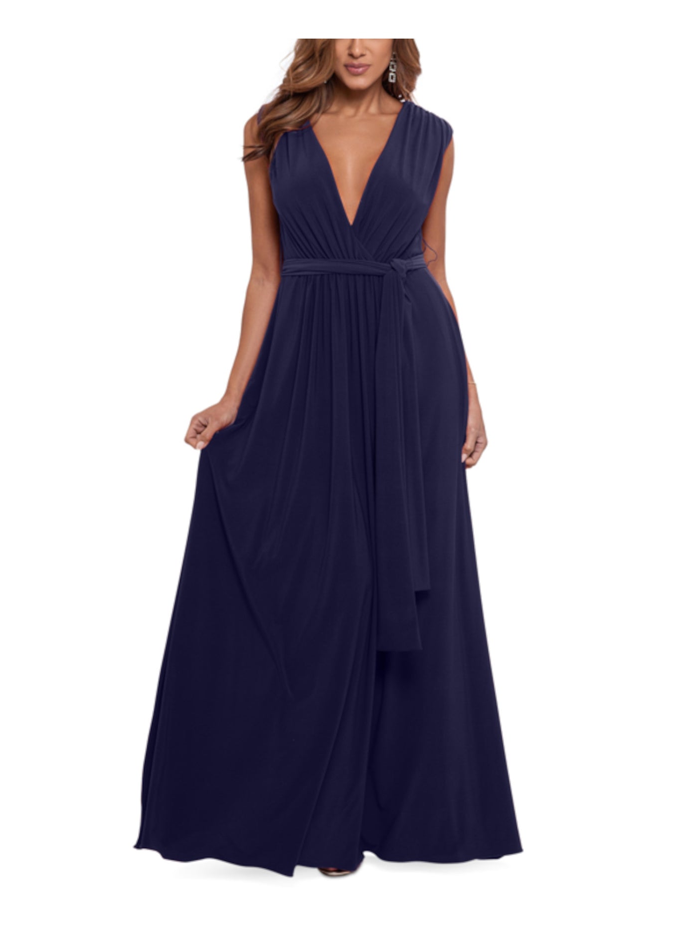 BETSY & ADAM Womens Navy Ruched Tie Waist Lined Cap Sleeve V Neck Full-Length Formal Gown Dress 6