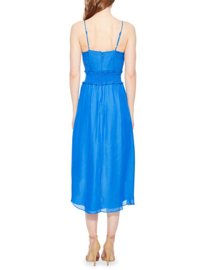 PARKER Womens Blue Smocked Ruffled Zippered Tie Adjustable Straps Spaghetti Strap V Neck Midi Hi-Lo Dress 4