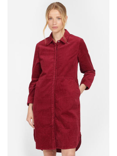 BARBOUR Womens Burgundy Corduroy Pocketed Ribbed Button Front 3/4 Sleeve Collared Above The Knee Wear To Work Shift Dress 10