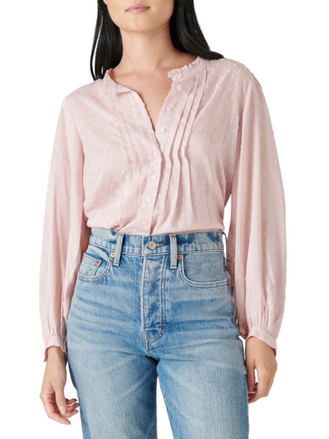 LUCKY BRAND Womens Pink Ruffled Pintucked Cuffed Sleeve Round Neck Wear To Work Button Up Top XS