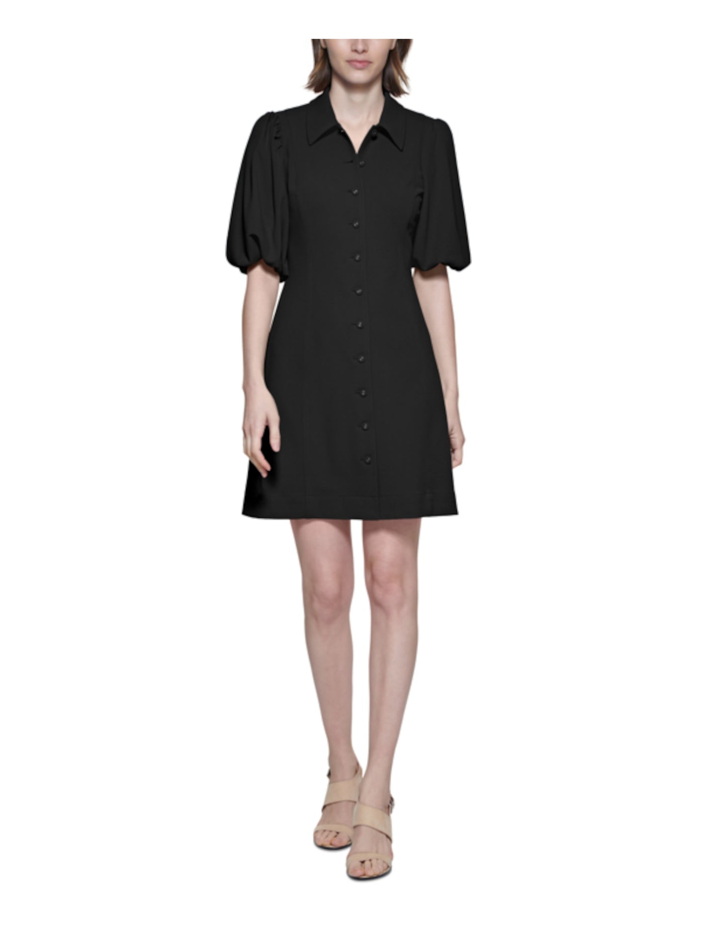 CALVIN KLEIN Womens Black Gathered Balloon Sleeve Point Collar Short Shirt Dress 6