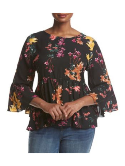 CUPIO Womens Black Stretch Floral Bell Sleeve Round Neck Baby Doll Top Plus 2X