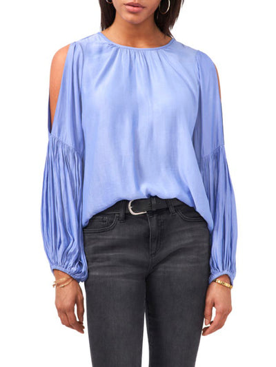 VINCE CAMUTO Womens Blue Cold Shoulder Gathered Keyhole Back Unlined Vented Hem Long Sleeve Round Neck Blouse XS