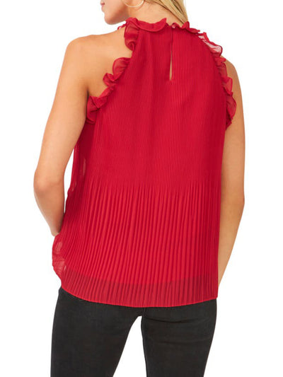 VINCE CAMUTO Womens Red Pleated Sheer Lined Ruffled Keyhole Back Sleeveless Halter Top XL