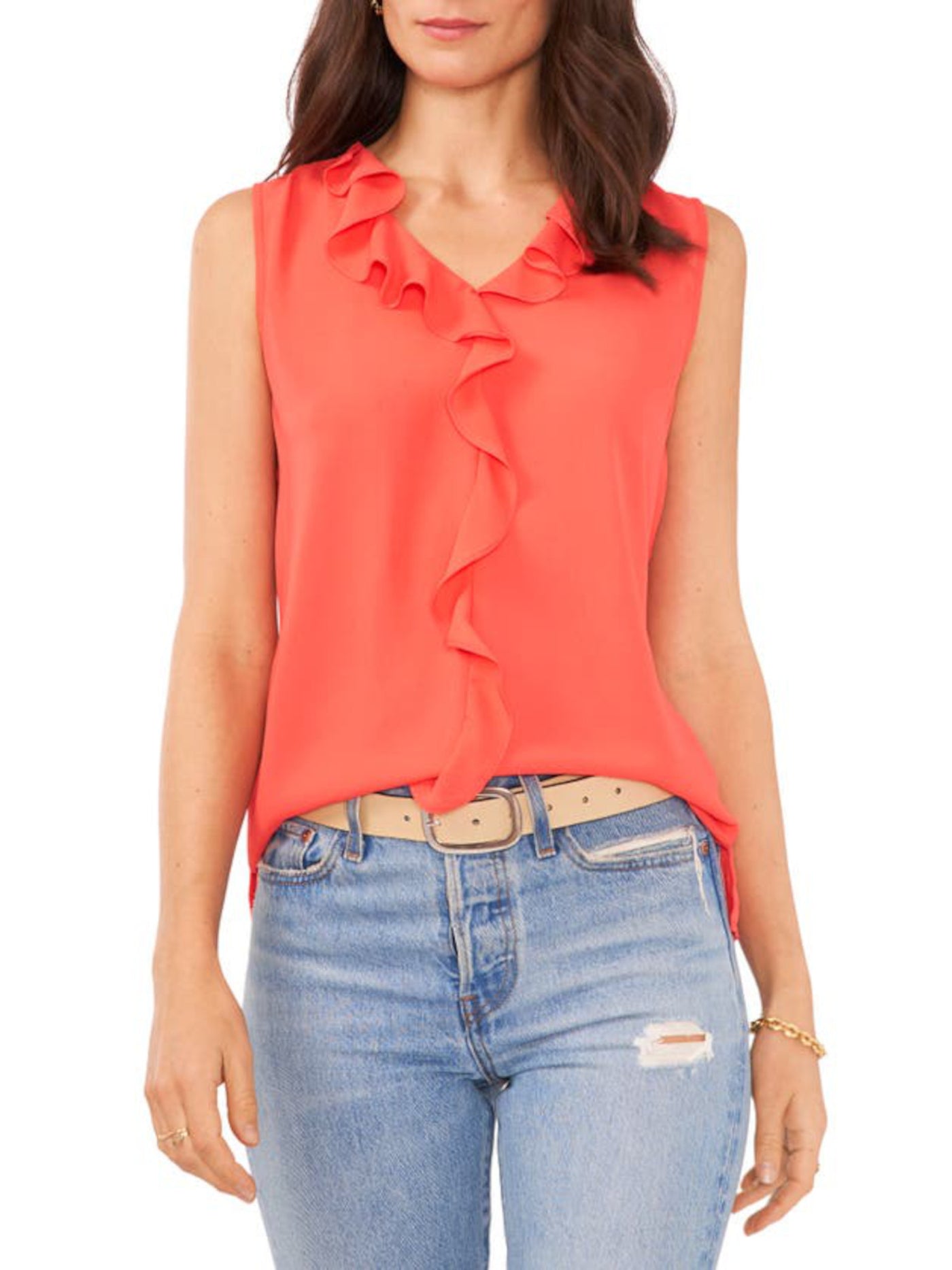 VINCE CAMUTO Womens Coral Ruffled Slitted Sheer Sleeveless V Neck Top M