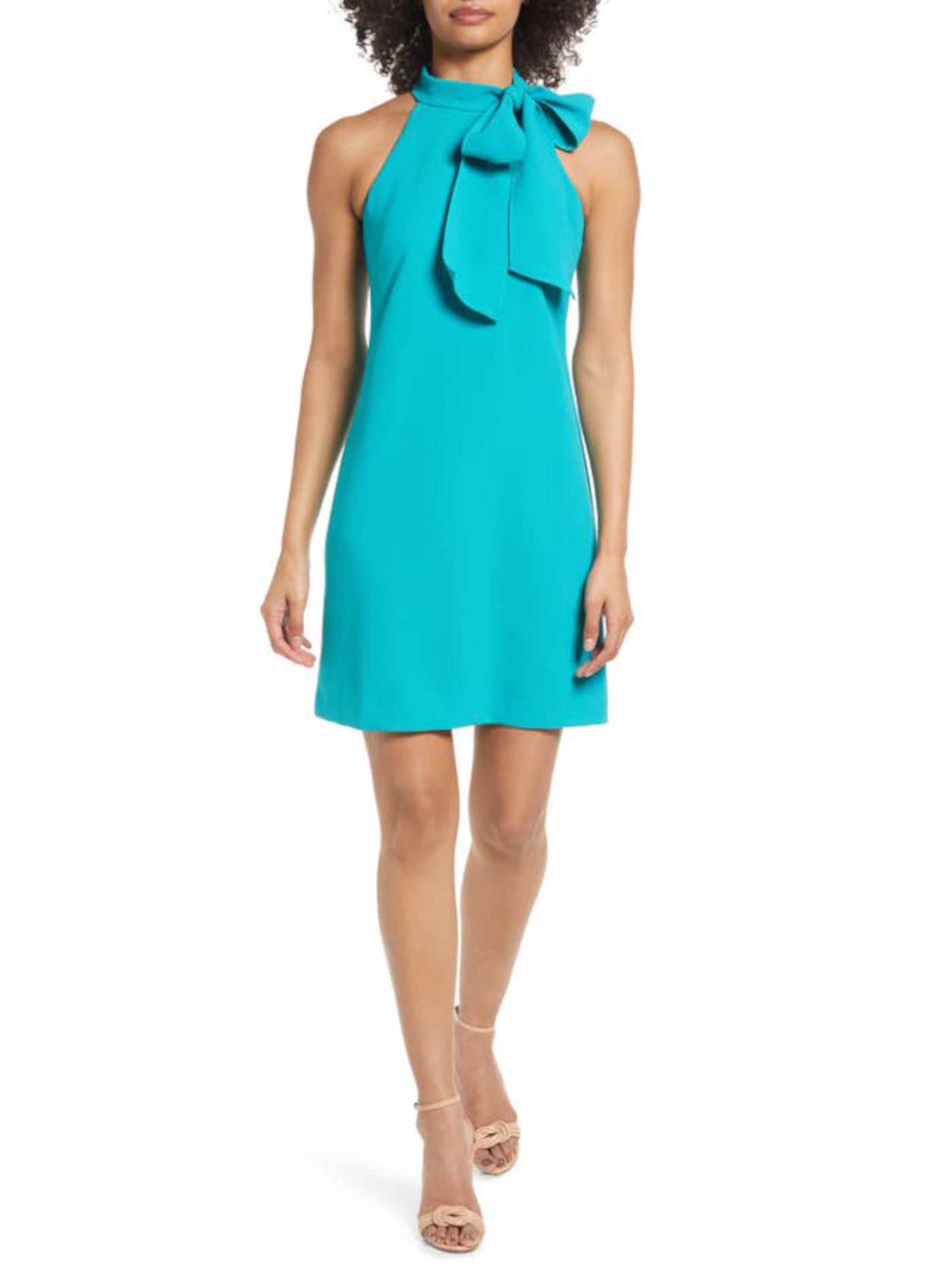 VINCE CAMUTO Womens Turquoise Stretch Zippered Darted Bow Detail Lined Textured Sleeveless Halter Short Wear To Work Shift Dress 6