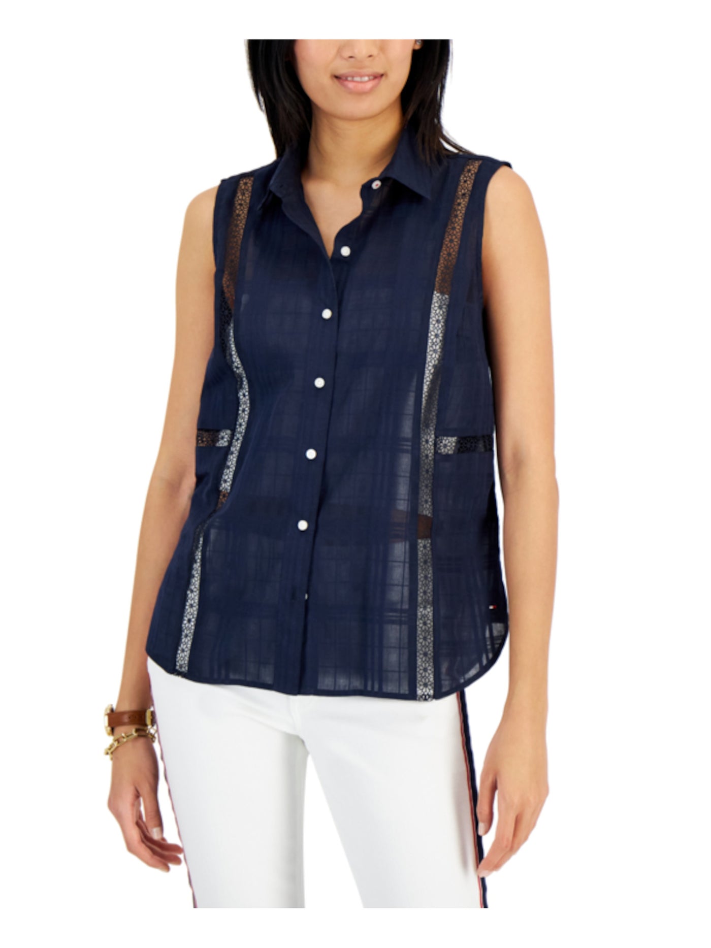 TOMMY HILFIGER Womens Navy Sleeveless Point Collar Button Up Top XS