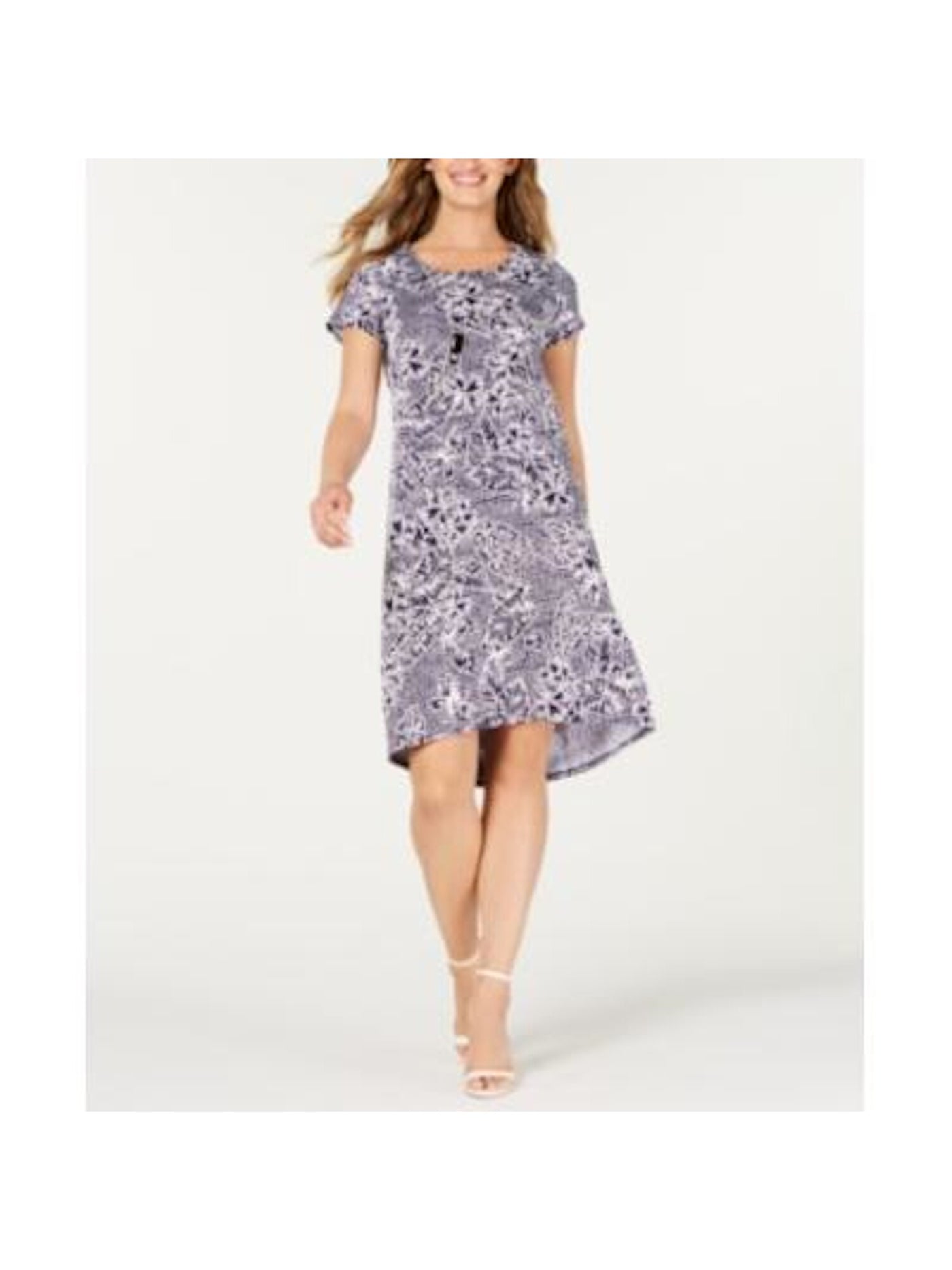 NY COLLECTION Womens Navy With Necklace Printed Short Sleeve Crew Neck Above The Knee Party Shirt Dress Petites PXS