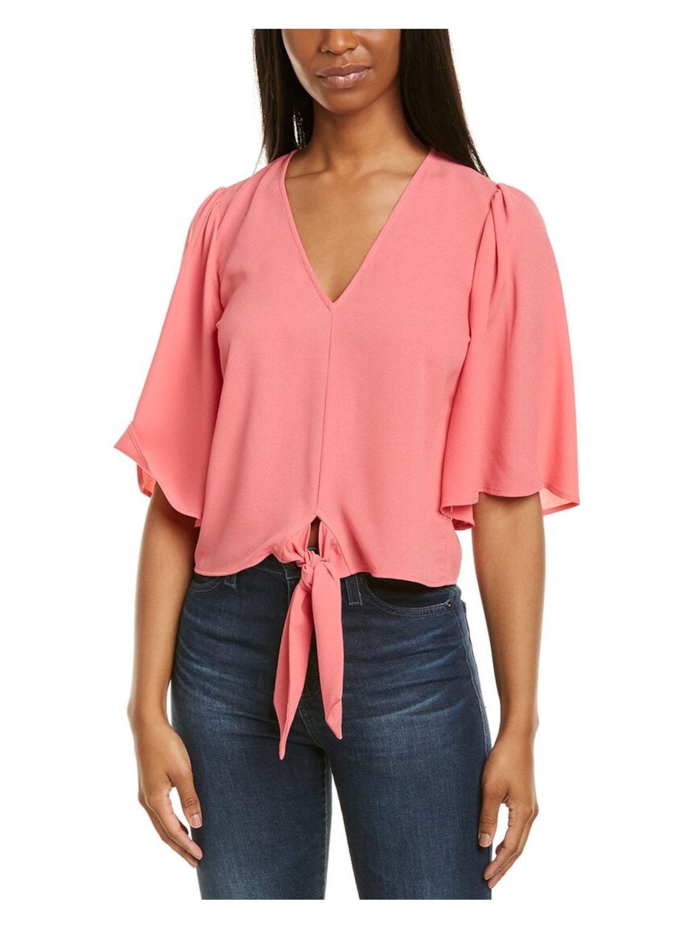 1. STATE Womens Coral Tie Sheer Bell Sleeve V Neck Top S