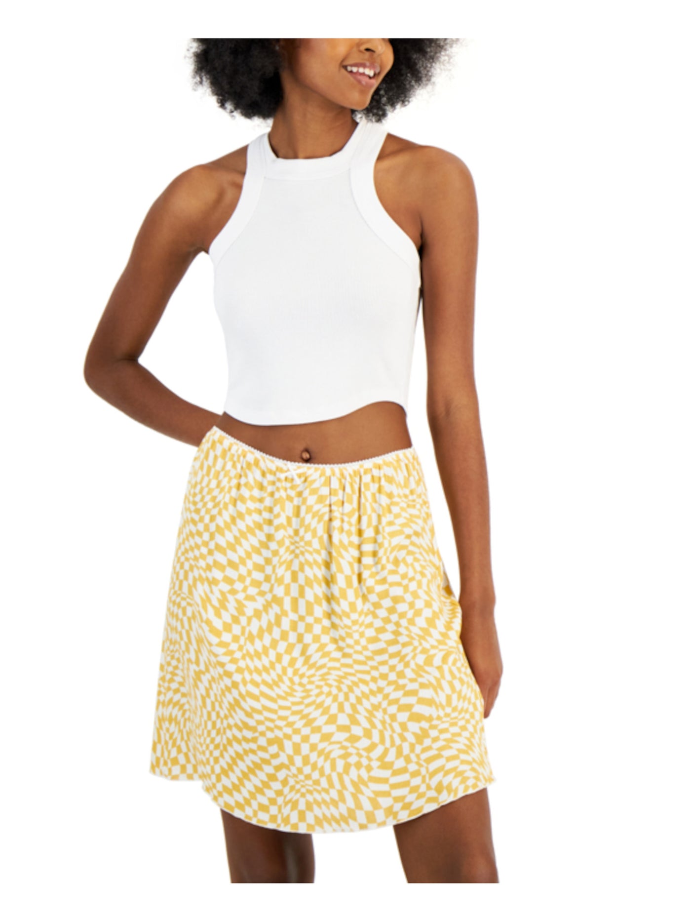 LOVE FIRE Womens White Unlined Scalloped Pull On Elastic Waist Check Above The Knee A-Line Skirt Juniors M