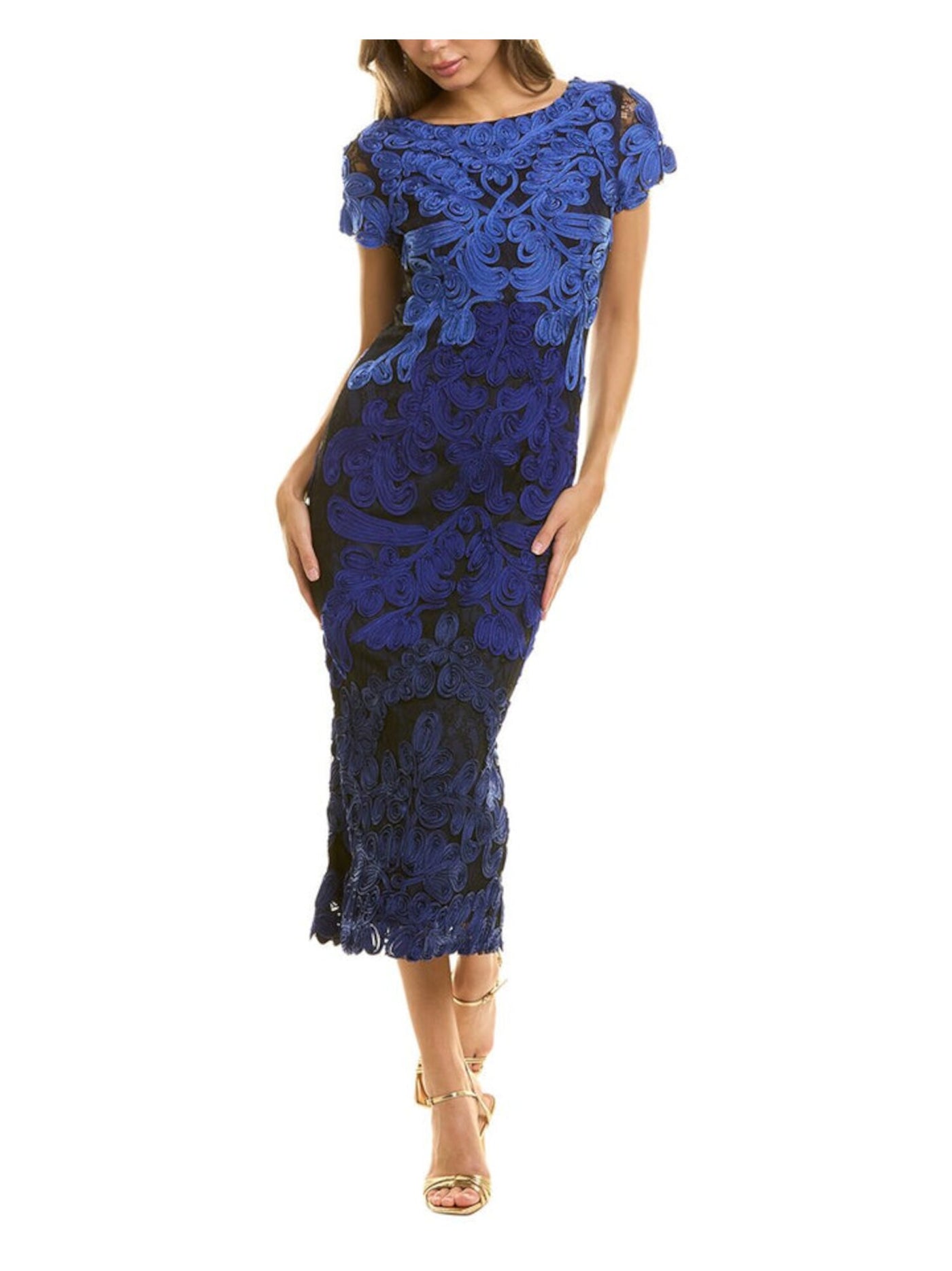 JS COLLECTION Womens Blue Embellished V-back, Partially Lined Short Sleeve Jewel Neck Midi Evening Sheath Dress 2