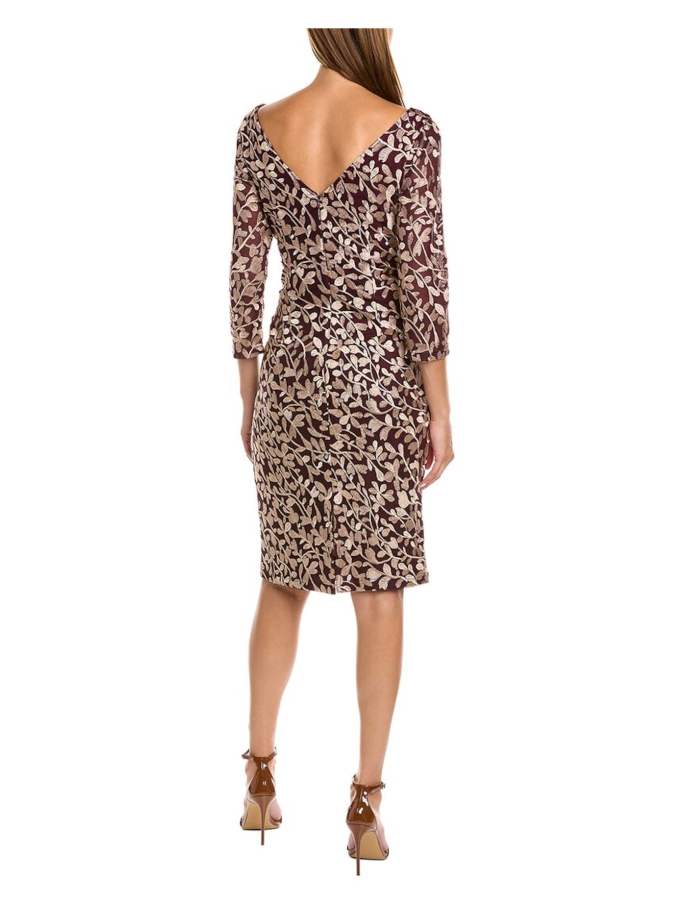 JS COLLECTION Womens Maroon Mesh Embroidered Zippered Lined Fitted Slitted 3/4 Sleeve Boat Neck Knee Length Sheath Dress 2