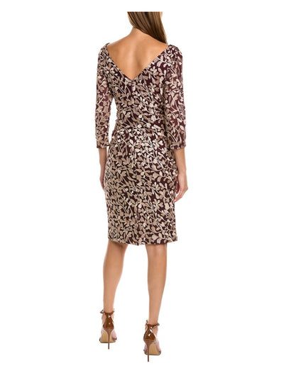 JS COLLECTION Womens Maroon Mesh Embroidered Zippered Lined Fitted Slitted 3/4 Sleeve Boat Neck Knee Length Sheath Dress 2