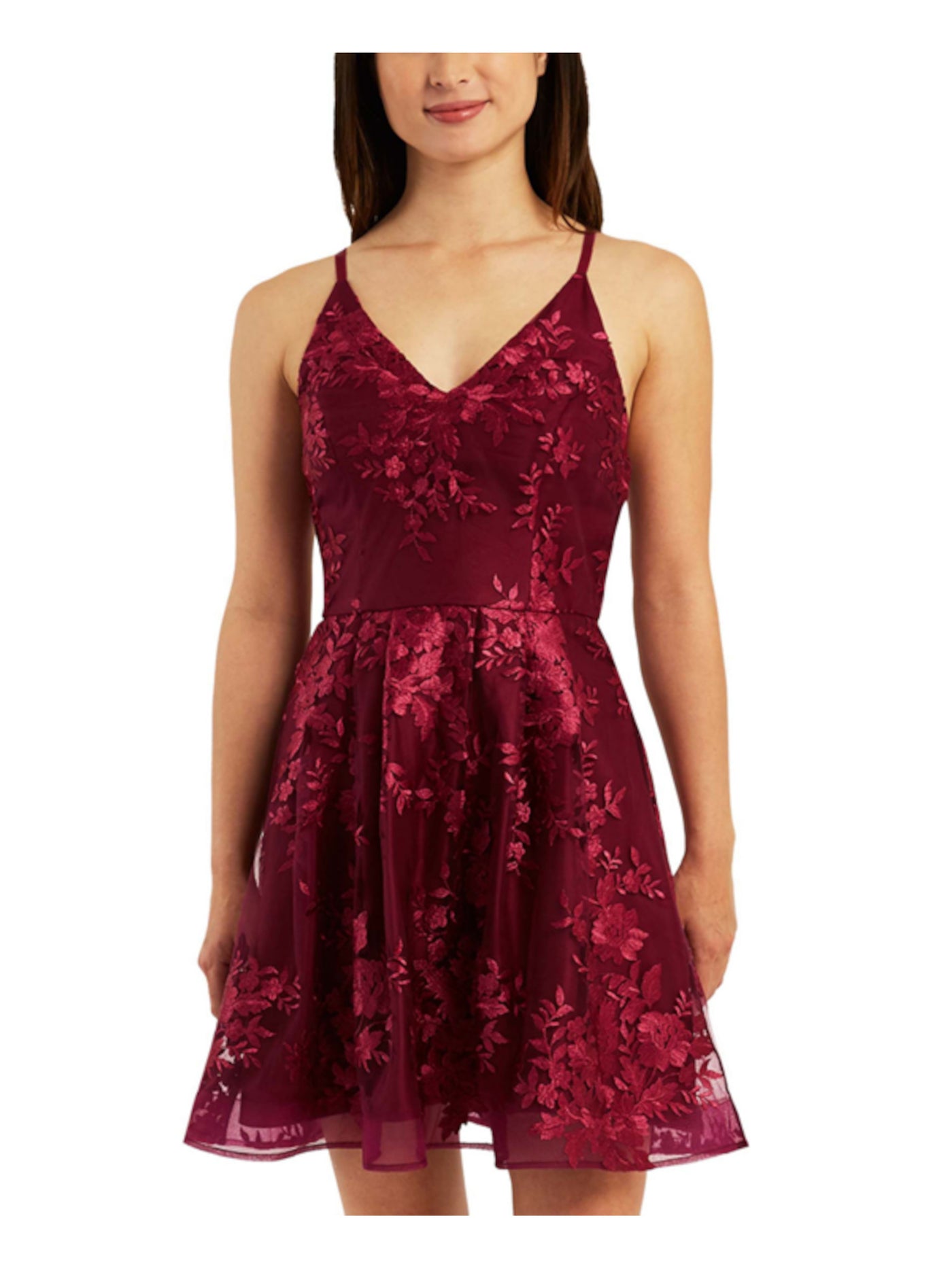 BCX DRESS Womens Burgundy Lined Adjustable Zippered Floral Sleeveless V Neck Above The Knee Party Fit + Flare Dress Juniors 5