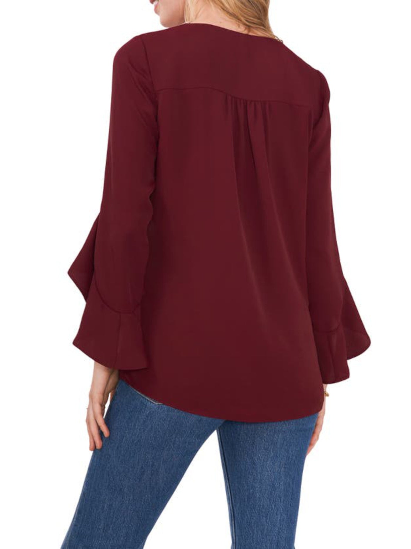 VINCE CAMUTO Womens Maroon Gathered Unlined Sheer Asymmetrical Step Hem Flutter Sleeve V Neck Tunic Top XS