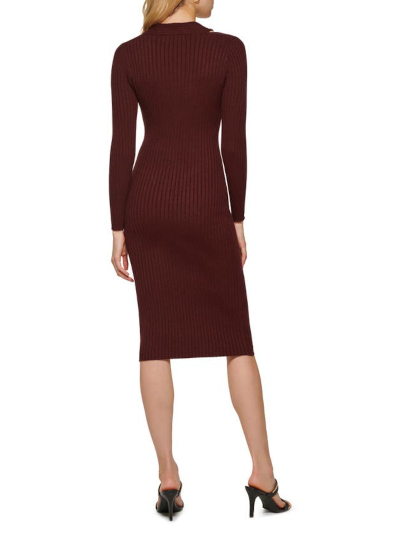 DKNY Womens Burgundy Ribbed Fitted Braided Neckline Pullover Long Sleeve V Neck Below The Knee Evening Sweater Dress XL