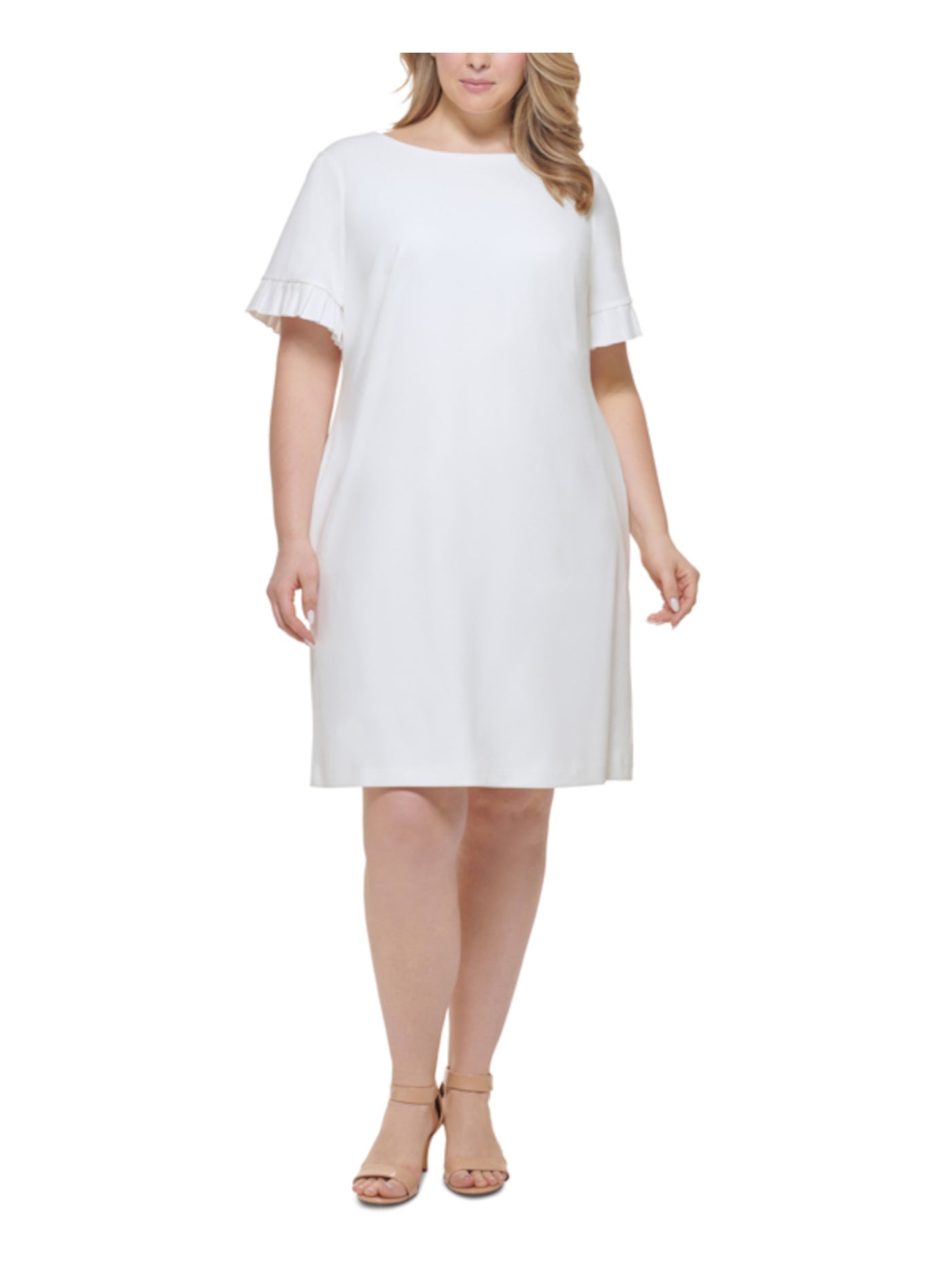 TOMMY HILFIGER Womens Ivory Stretch Zippered Ruffled Scuba Crepe Lined Short Sleeve Round Neck Knee Length Wear To Work Shift Dress Plus 22W