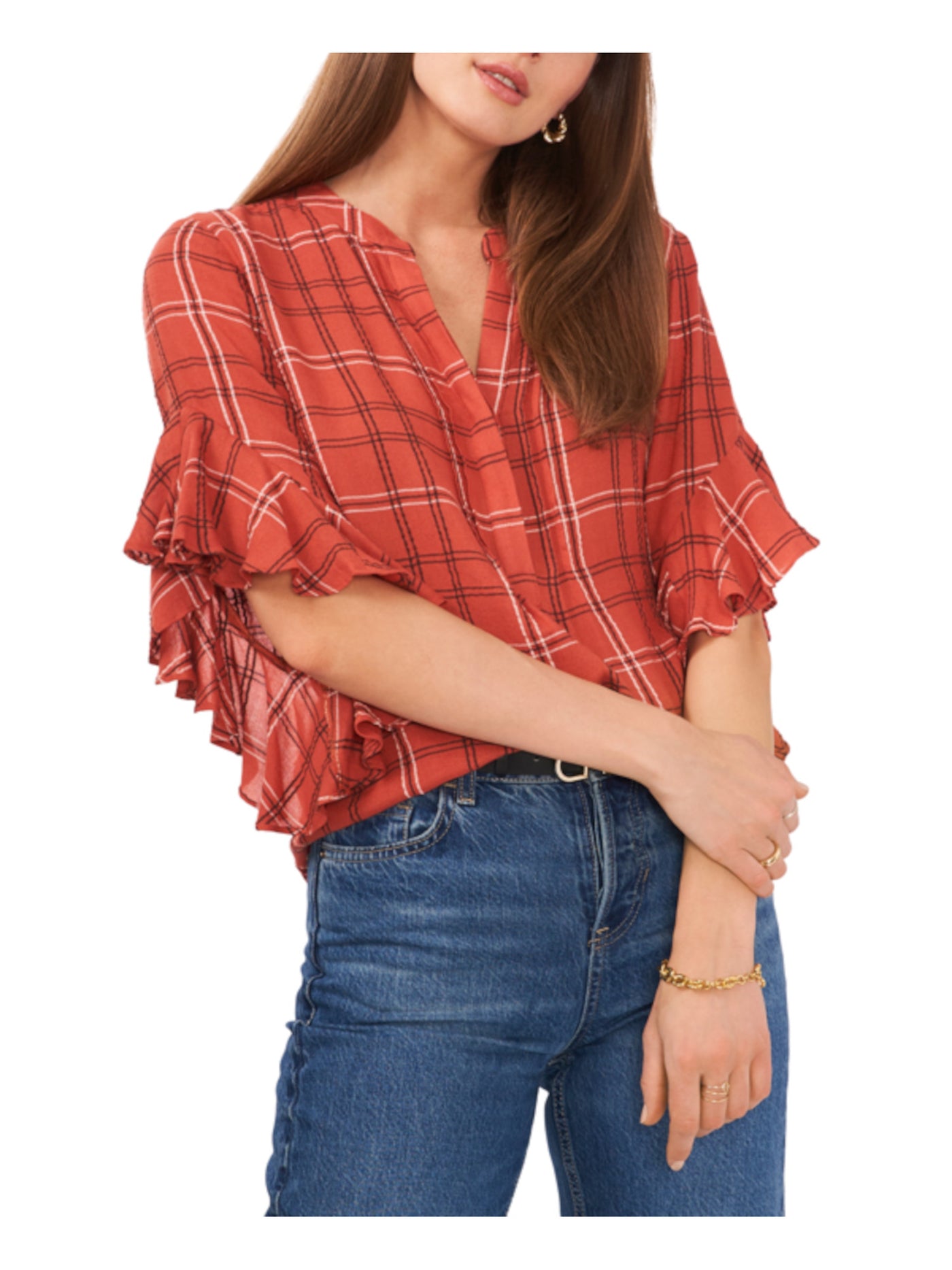 VINCE CAMUTO Womens Red Ruffled Plaid 3/4 Sleeve V Neck Top XS
