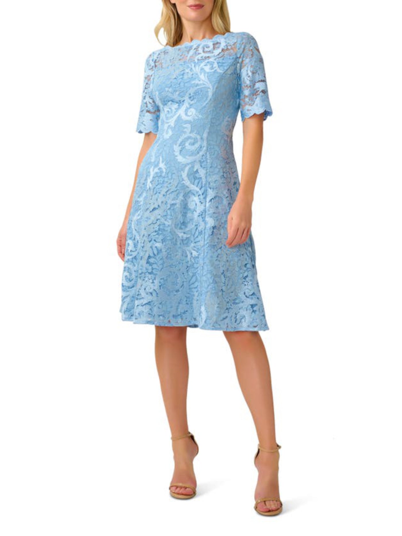 ADRIANNA PAPELL Womens Light Blue Scalloped Lace Zippered Lined Floral Short Sleeve Boat Neck Above The Knee Wear To Work Fit + Flare Dress 6